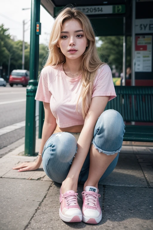 A Skater-girl contentedly relaxing on a concrete bench, she has long blonde hair and is wearing a knit beany with one deep blue pom pom on top, holding a long beige skateboard across her lap , wearing a white colorfully printed tee shirt, and blue shorts.