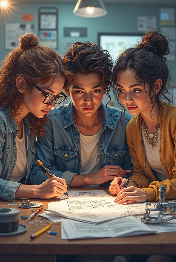 Full scene, vibrant colors, natural lighting, a group of animated teenagers sitting around a table having fun playing RPG, sketch book, hand drawn, realistic sketch, style of art by Gabriel Picolo