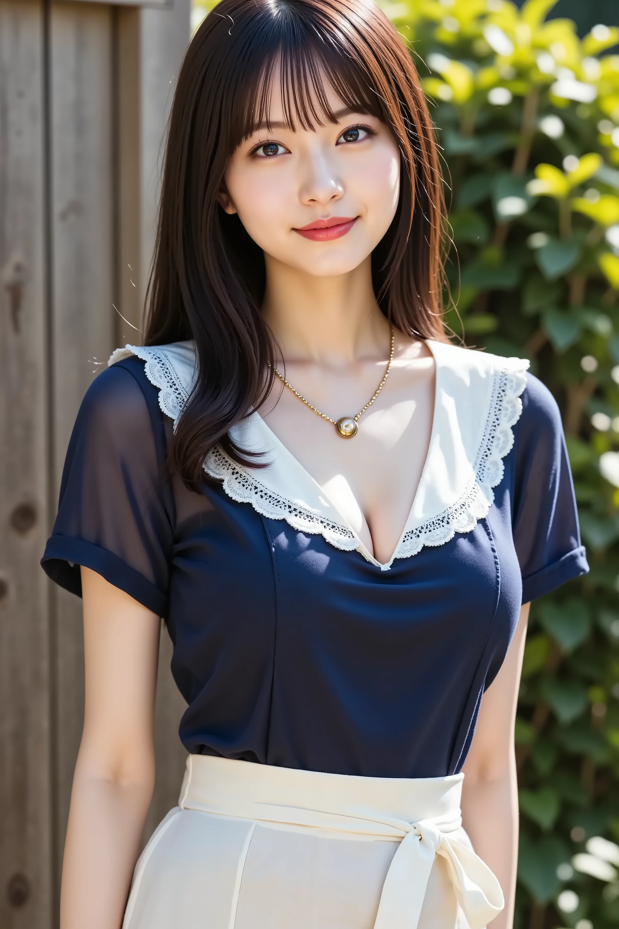 firm and big breasts, cleavage, A realistic photographic composition framed from just below the shoulder of a female subject standing outdoors before a rustic wooden fence and lush green hedge, ensuring her entire head is fully visible within the frame without cropping at the top. She wears a vintage-inspired cottagecore maid ensemble: a soft navy-blue chiffon blouse with a rounded Peter Pan collar edged in scalloped eyelash lace, the snug bodice lifting and compressing her firm, full breasts into a wide, dramatic cleavage line framed by underbust seam shaping and princess seams, taut tension folds radiating outward and specular highlights tracing the rounded contours just below the shoulder straps. The blouse features short flutter sleeves with matching lace trim, each softly billowing and revealing subtle chiffon translucency and fine topstitch detailing. Around her waist is tied a crisp white cotton apron with a wide waistband and bow at the back, the bib portion stretching across her bust to reinforce the emphasized cleavage, secured by narrow shoulder straps, and the lower skirt of the apron extending beneath the frame’s edge. She wears a simple antique brass locket necklace resting at the base of her throat, the pendant sitting just above the cleavage line and the chain’s patina and fine links rendered crisply. Beneath, a high-waisted pale linen skirt with knife pleats flares outward from her narrow waist, each pressed pleat catching soft natural light and showing linen fiber texture; the hem falls just below mid-thigh to reveal the top of lace-trimmed stockings. Behind her, the background reveals weathered horizontal oak planks with visible knots and grain patterns, and a dense boxwood hedge with sun-dappled leaves. Midday sunlight filters through overhead tree canopy, casting soft leaf-shaped shadows on fence and ground. The scene is captured at eye level using an 85 mm equivalent prime lens at f/2.2 on a full-frame sensor, producing a shallow depth of field