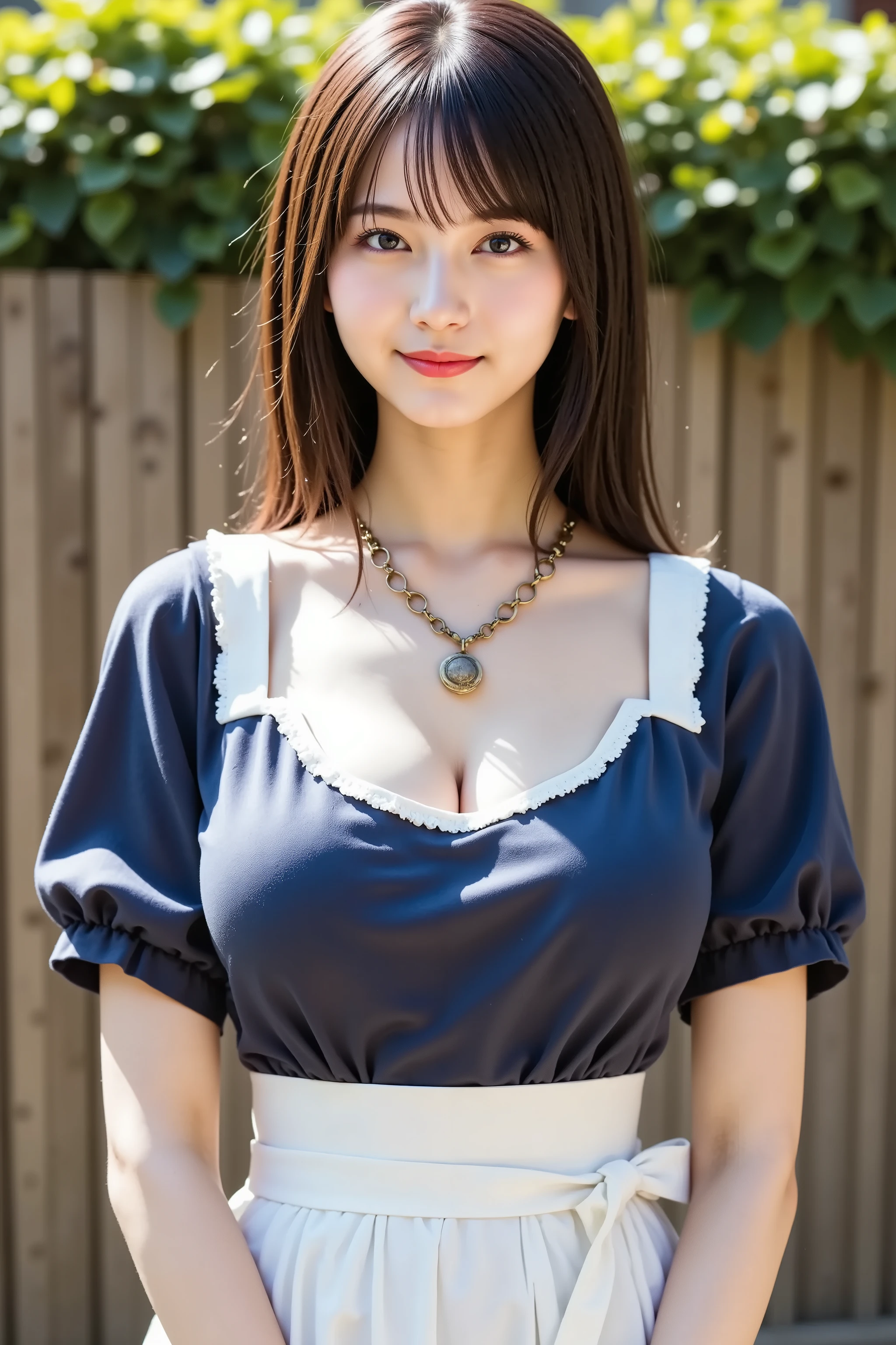 firm and big breasts, cleavage, A realistic photographic composition framed from just below the shoulder of a female subject standing outdoors before a rustic wooden fence and lush green hedge, ensuring her entire head is fully visible within the frame without cropping at the top. She wears a vintage-inspired cottagecore maid ensemble: a soft navy-blue chiffon blouse with a rounded Peter Pan collar edged in scalloped eyelash lace, the snug bodice lifting and compressing her firm, full breasts into a wide, dramatic cleavage line framed by underbust seam shaping and princess seams, taut tension folds radiating outward and specular highlights tracing the rounded contours just below the shoulder straps. The blouse features short flutter sleeves with matching lace trim, each softly billowing and revealing subtle chiffon translucency and fine topstitch detailing. Around her waist is tied a crisp white cotton apron with a wide waistband and bow at the back, the bib portion stretching across her bust to reinforce the emphasized cleavage, secured by narrow shoulder straps, and the lower skirt of the apron extending beneath the frame’s edge. She wears a simple antique brass locket necklace resting at the base of her throat, the pendant sitting just above the cleavage line and the chain’s patina and fine links rendered crisply. Beneath, a high-waisted pale linen skirt with knife pleats flares outward from her narrow waist, each pressed pleat catching soft natural light and showing linen fiber texture; the hem falls just below mid-thigh to reveal the top of lace-trimmed stockings. Behind her, the background reveals weathered horizontal oak planks with visible knots and grain patterns, and a dense boxwood hedge with sun-dappled leaves. Midday sunlight filters through overhead tree canopy, casting soft leaf-shaped shadows on fence and ground. The scene is captured at eye level using an 85 mm equivalent prime lens at f/2.2 on a full-frame sensor, producing a shallow depth of field