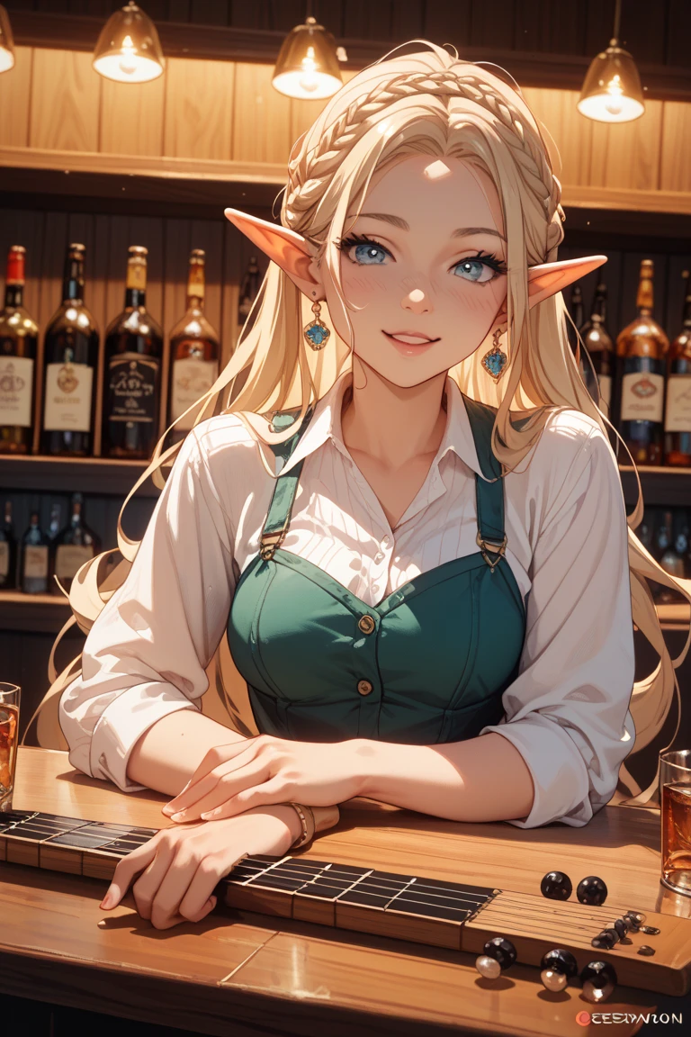 sexy elf woman with white hair, wearing medieval dress, drinking beer at medieval tavern with crowd people, she having fun.