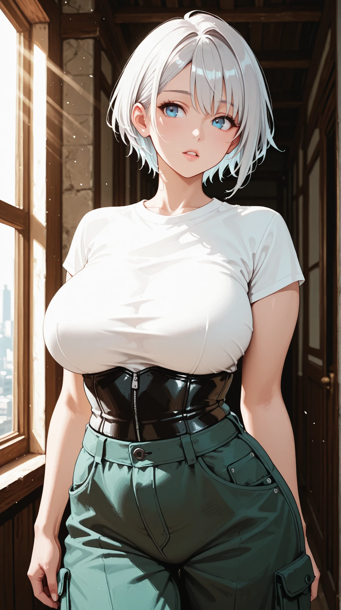 masterpiece, The best quality at the best., 1 girl, mito ikumi , big breasts,Off the shoulder clothing,Sexy servant,Is shy,smile,with white hair, long white hair, (pink eyeballs:1.4), forehead protection,EN UNA COCINA, The cherry trees,Flying cherry blossoms,gray clothes. big tits, bare and muscular abdomen. scantily clad, bare tits. fur. tender, neko kawai cat ears. Ahegao, scantily clad. Wearing a crop top that covers half of her , loose and big but short top, loose top half tits cover. Posing, shy. Sexy perfect female body. underboob, underboob, underboob. fur, fur, fur. Collar de cuero marron robusto de mascota ajustado al cuello. piel blanca. en una cocina, con un cuchillo, cocinando.