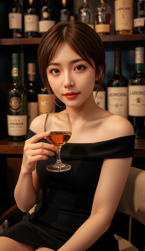 (ultra-realistic realism)、(illustratio)、(A high resolution)、(8K)、(The is very detailed)、(Best Illustration)、(Beautifully detailed eyes)、(top-quality)、(ultra - detailed)、(tmasterpiece)、(the wallpaper）、（A detailed face）、独奏，Loli beautiful girl , short detailed hair，with short brown hair，Green pupils，Delicateeyes, Delicate smile, milkyW, Suspenders，Holding a wine glass in his hand, holograph, In the tavern，deep in the night