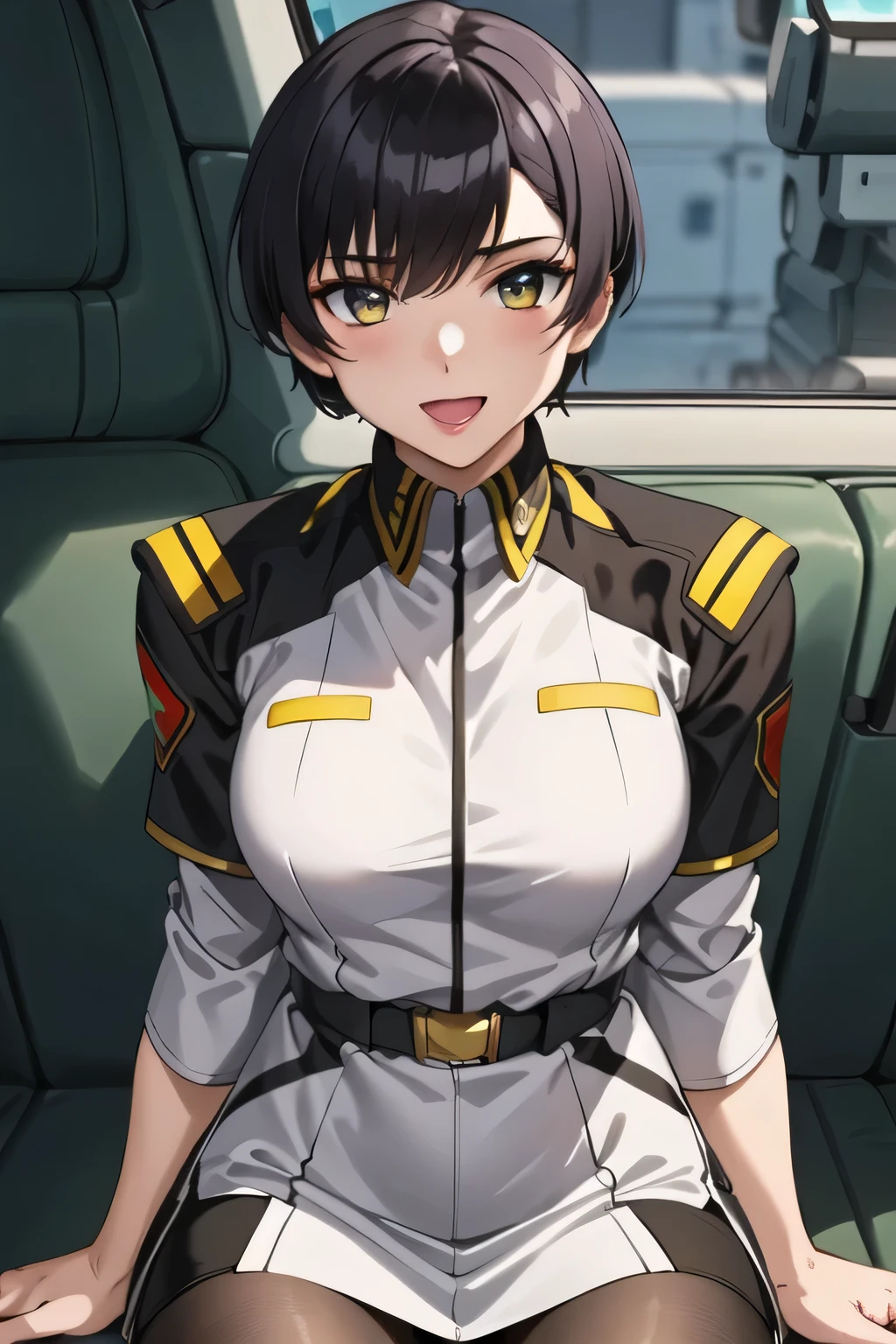Military帽子を被っている，smile，masterpiece,     Highest Quality,     high image quality    ,  friendly １  ,     1 girl on break day, alone, (black_    pantyhose:1.1), Military uniform, Military, Compensate,     white shirts,  white skirt,     tight skirt    ,     is sitting,     upper body,     cockpit , space,     open your mouth,