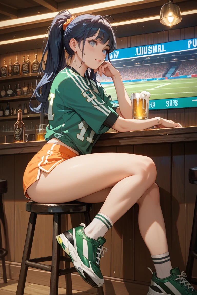 a girl dressed as Vinotinto Venezuelan soccer team, sexy, beautiful smile, in the background a football stadium