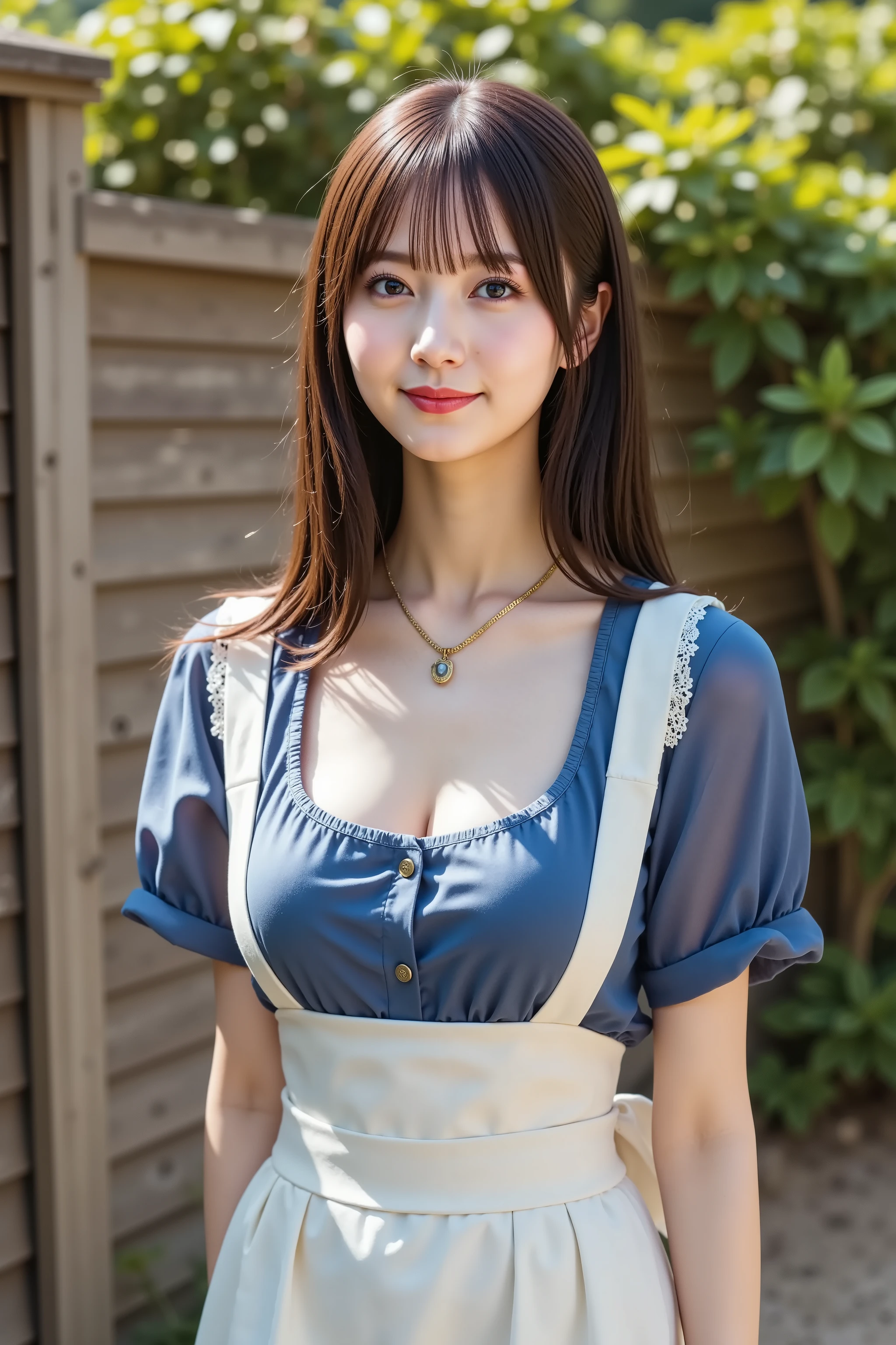 top-quality、Top image quality、masterpiece、fully body photo、25 years old women, Dark brown wavy middle hair、bangss、((White apron with frills))、 (no-bra、Puffy nipple、Visible)、Blue Panties、soft boob、Large breasts、Bare legged、 cute smile face、衣服湿透、on a couch、((I can see all my panties、open one's legs、Open knees、Hold your chest with both hands、Touching the crotch))、((Lying on the sofa))