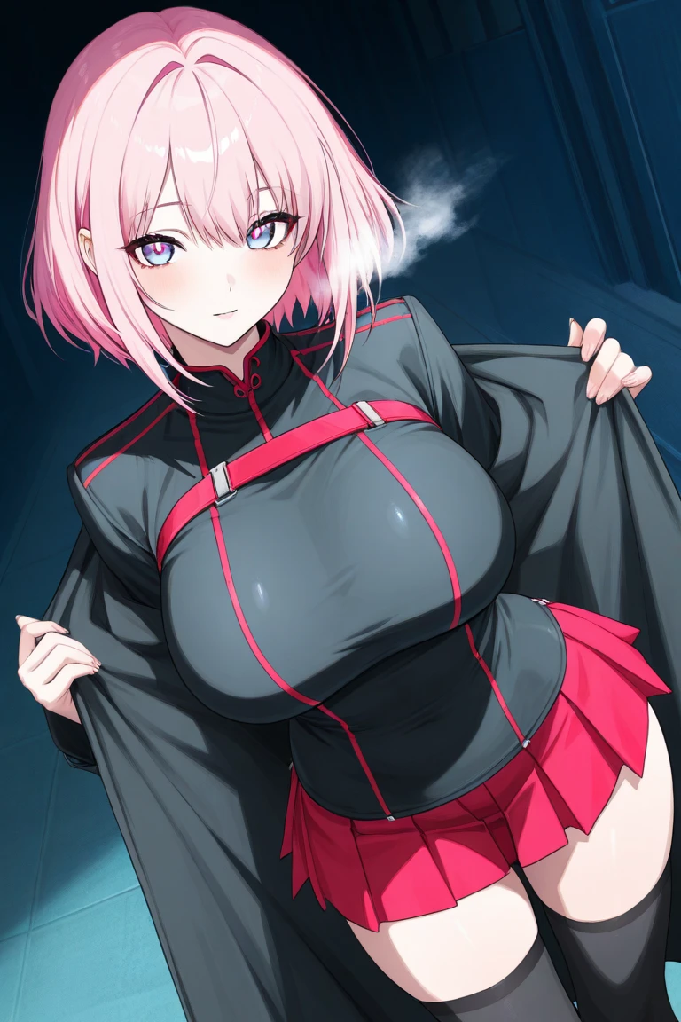 shiny eyes, (Looking at Viewer,Smile with open mouth:1.1), ((1girl in)), (maturefemale:1.4), (red blush), Solo, Pink bob hair, (Open crotch), (Spread legs), (thighs thighs thighs thighs), (Police Uniform), Laugh, On a hotel bed, masutepiece, Best Quality, Ultra-detailed, glistening shiny, Glowing light, Ray tracing, hard diskR, deph of field, (Perfect face, Detailed face, Detailed eyes,Perfect hands,Perfect fingers), 8K,hard disk,An ultra - realstic face,Ray tracing,Perfect Lighting,Best Quality, Ultra-detailed