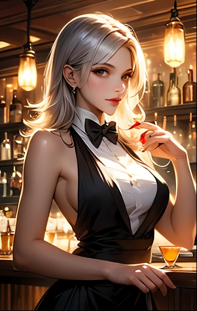 1girl, breasts, dress, gloves, solo, cup, green_hair, holding, long_hair, green_eyes, black_gloves, moon, jewelry, earrings, glasses, bare_shoulders, medium_breasts, multicolored_hair, closed_mouth, looking_at_viewer, holding_cup, night, hair_ornament, elbow_gloves, drinking_glass, gradient_hair, black_hair, sky, covered_navel, very_long_hair, thighs, cleavage, bangs, detached_sleeves, wine_glass, black_dress, smile, full_moon, green_dress, standing, ponytail