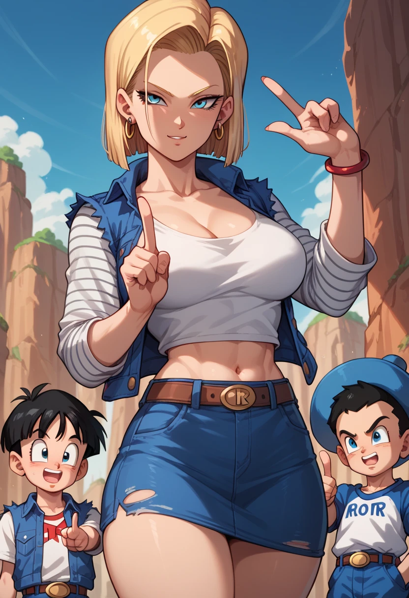 ((master part,best quality)), cabelos loiros, cabelo amarelo, absurdos, android_18_.DB, Denim Jeans Pants, camisa manga longa listrada, colete jeans azul, sozinho, cara de choro, Olhando para o horizonte, cowboy shot, cinematic composition, dynamic pose, corpo inteiro, bota marrom, perfil lateral, mostrando o lado da perna, mostrando lateral, de lateral, standing on her feet, corpo inteiro, Denim Jeans Pants azul, reflexo, cabelos curtounda grande), (decote), cintura fina,(peitos grandes), pernas abertas lateralmente, brilho no corpo, Torn pants, camisa rasgada, decote, mostrando calcinha