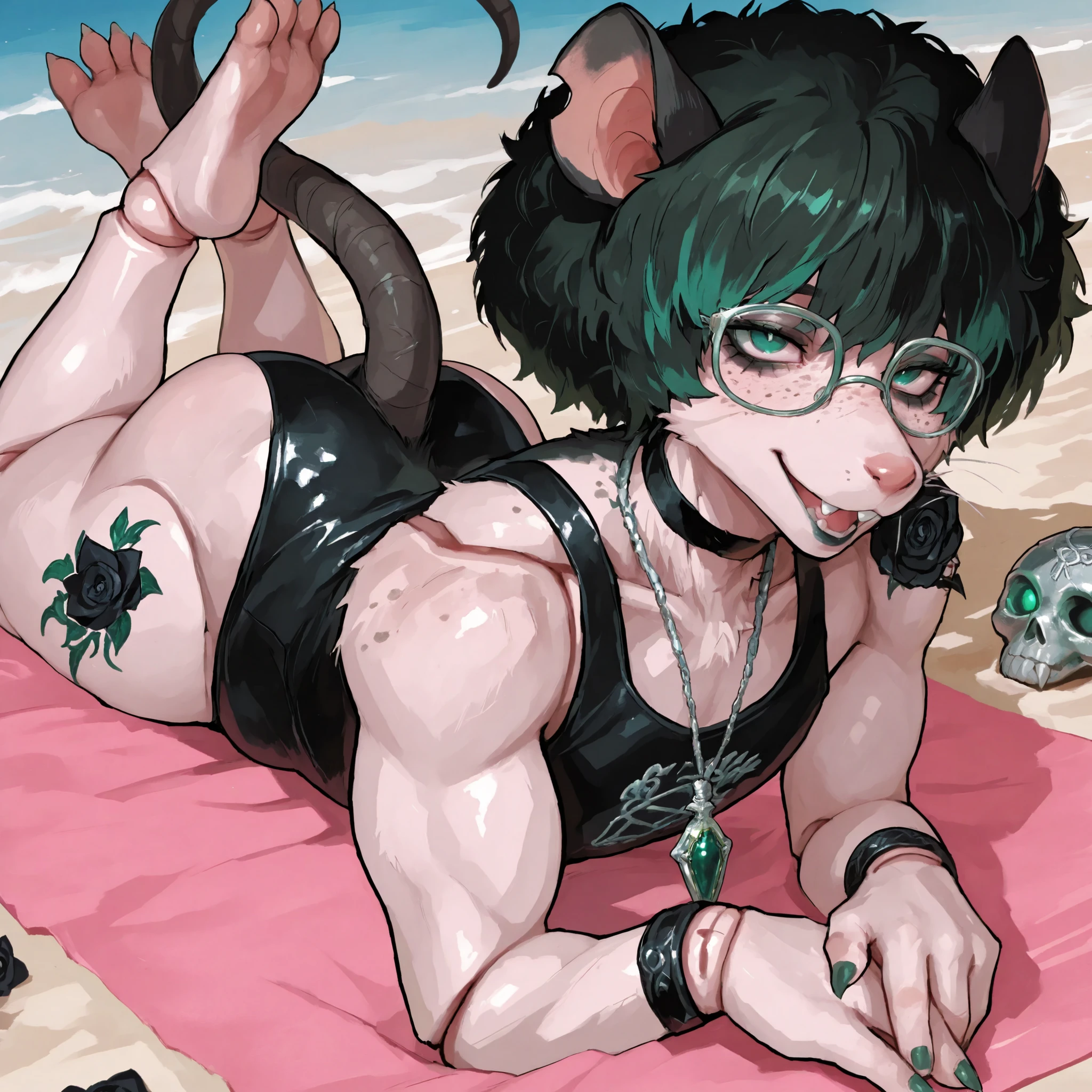 (Tall Mature Voluptuous Male furry rat), (black big curly afro with green highlights), (Green streaks in hair), (green eyes), (glowing iris), (black choker), (black leather bracelets), (Black Rose Tattoo on right shoulder), (Silver necklace with a green jade skull trinket), (fingernails), (green nail polish), (Long curvy fit legs), (freckles on face), (freckles on shoulder), (Dark Grey lipstick), (rat ears), (black ears, pink inside), (chipped right ear), (white sclera), (rat nose), (rat tail), (anatomically correct rat whiskers), (goth makeup), (plump kissable cupid lips), (half open tired eyes), (glasses), 8k quality, Persona Art Style, perfect detailed face, Fit upper body, Fit muscular arms, detailed muscles, Tomboy muscle build, detailed eyes, perfect detailed hands, accurate detailed doll joints, detailed thigh doll joints, detailed doll joints, detailed doll neck joint, detailed lips, 80's comics, cute, 80'sアニメーション、score_9, score_8_up, score_7_up, (One) elegant, full body photo, Laying on the beach, Laying on stomach, Feet up in the air, Full body view, Oil Painting style, cute rat-like facial features, anthropomorphic, anthropomorphic face, Seductive Expression, sharp rat claws, fierce eyes, legs crossed, full furry anthro, mature feminine body type, cream colored fur on body, Beach background, fur covered skin, black rat ears pink inside, Plush thick thighs, Extremely detailed, (rat buck teeth), (rat teeth), (Flat chested), realistically detailed, facing viewer, long rat snout and muzzle, four fingers on both hands, rat hands, plump butt, Goth swimsuit, bulge, Sensual, Hands at her sides