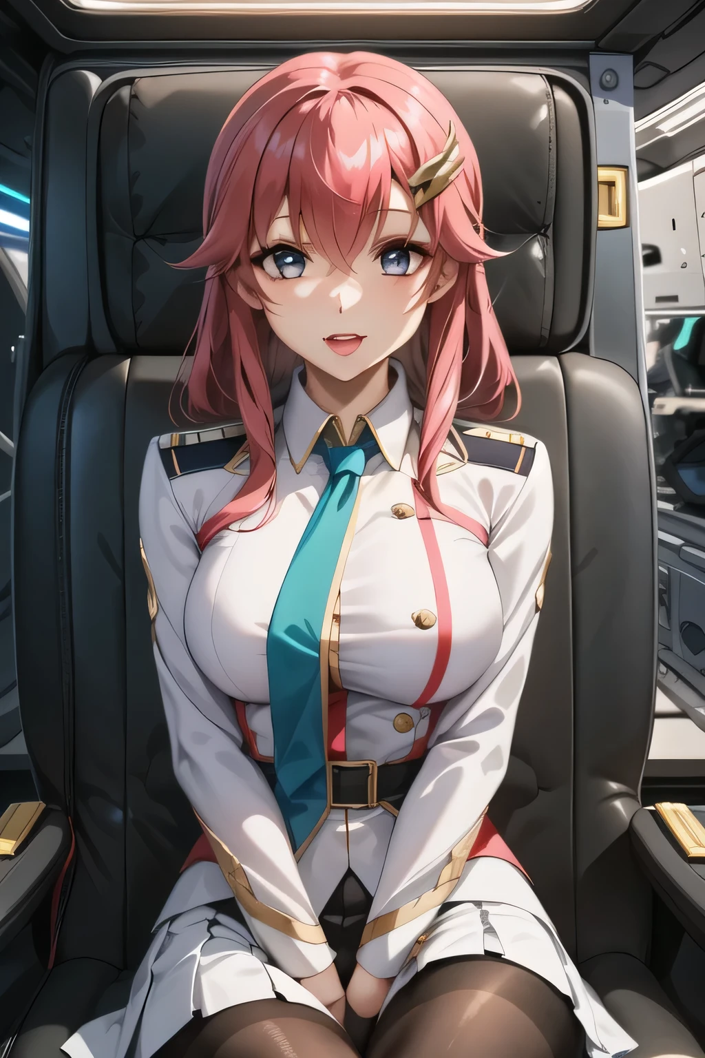 Military帽子を被っている,smile,masterpiece, Highest Quality, HD Images , friendly 1 , one girl taking a break, alone, (black_ pantyhose:1.1), Military uniform, Military, Compensate, white shirts, white skirt, tight skirt , is sitting, upper body, cockpit , space, open your mouth,