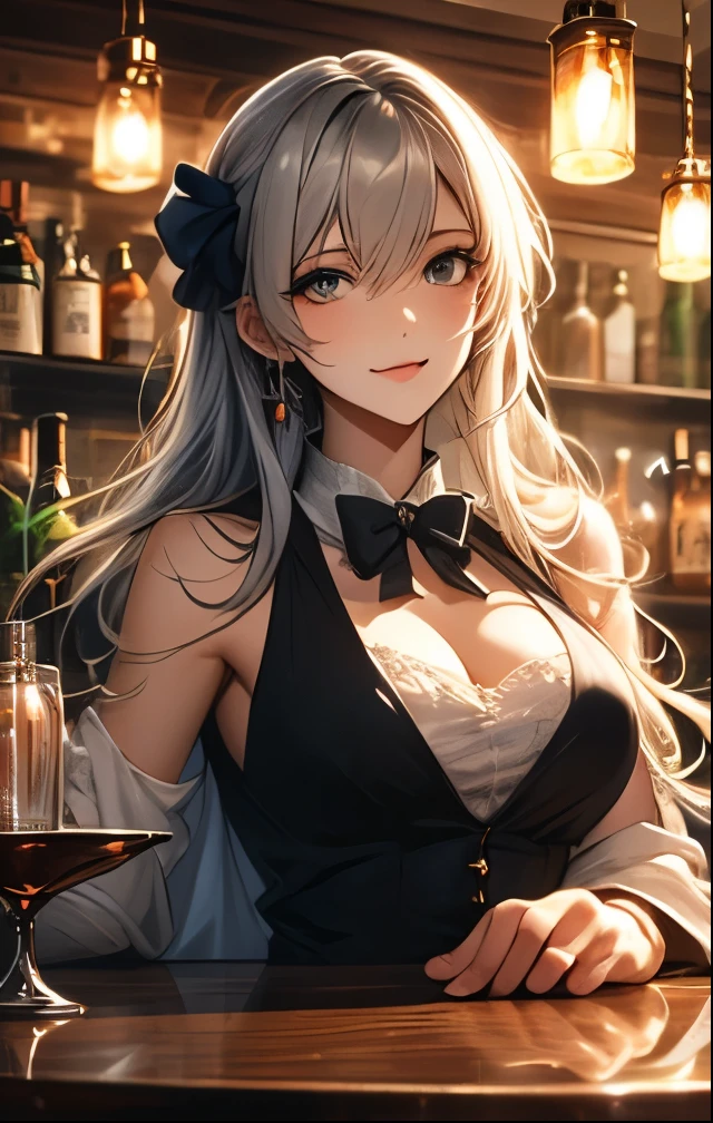 (masterpiece:1.3, top-quality, ultra high res, ultra detailed), (realistic, photorealistic:1.4), beautiful illustration, perfect lighting, natural lighting, colorful, depth of fields, ,
beautiful detailed hair, beautiful detailed face, beautiful detailed eyes, beautiful clavicle, beautiful body, beautiful chest, beautiful thigh, beautiful legs, beautiful fingers, shiny skin,
looking at viewer, upper body, (front view), 1 girl, , (perfect anatomy, anatomically correct, super detailed skin), cute and symmetrical face, babyface, perfect face, perfect eyes,
(long hair, straight hair, white hair), hair between eyes, yellow eyes, long eyelashes, (medium breasts, wide hips, seductive thighs),
white playboy bunny girl, high-cut leotards, pink bow tie, white cuffs, white rabbit ears, the tail of a rabbit grows out of the ass, have a tray of liquor, bottomless,
(beautiful scenery), day time, (bar counter, shop front:1.4), (lovely smile, upper eyes),
