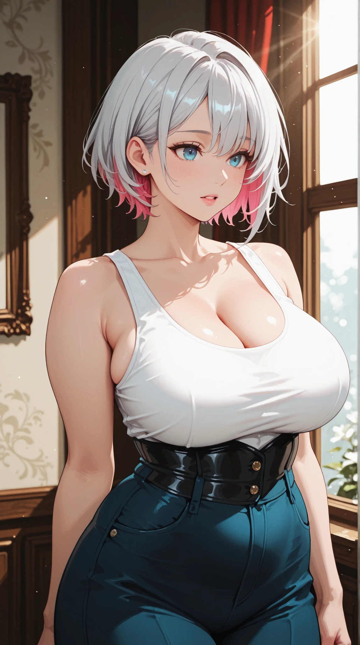 best quality, 32k, RAW photo, incredibly absurdres, extremely detailed, neat and cute beauty, flowing layered short bob cut, wearing loose and fluffy knit dress, slender, professional lighting