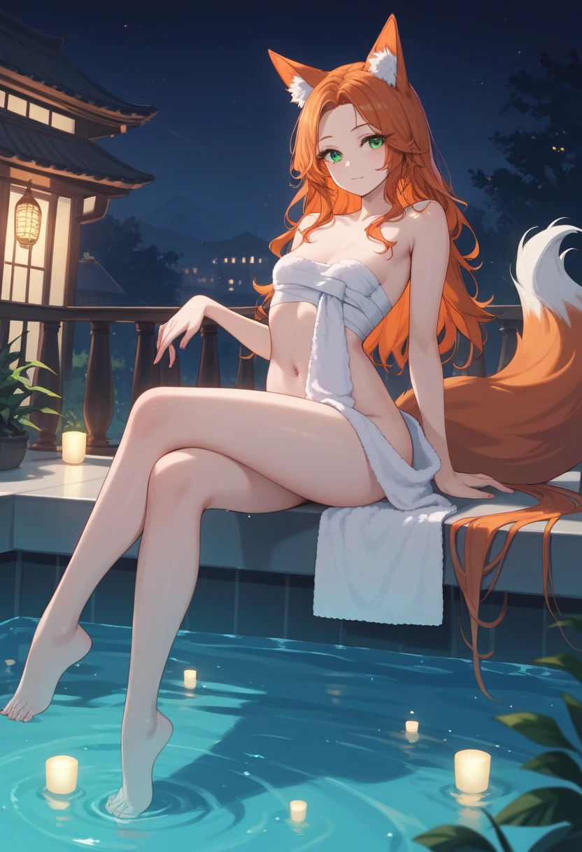 Realistic image, detailed image, coherent image. 1 beautiful elf. dressed in a wet towel. She has long, curly orange hair, styled up. Green eyes with long eyelashes. Sensual expression. She has rabbit ears and tail. She has a curvy body, medium breasts, thick thighs. She is sitting cross-legged. She is in a sauna. View from above. Arching her back. Soft focus, Dramatic shadows, Volumetric lighting, natural lighting. ISO:100, F1.4, --equals 2