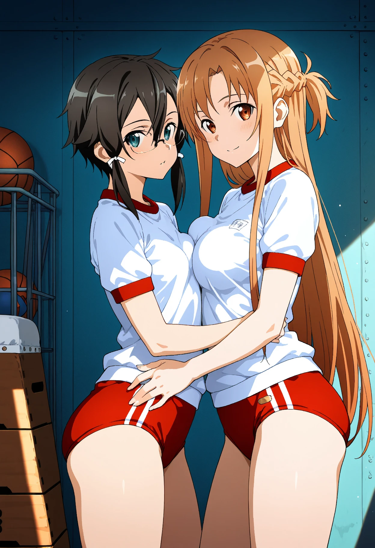2 girls , Yukinoshita Yukino , yuigahama yui'bust and pussy are amazing, waltz dance , white gym uniform,white lace panties,Light pink lace panties,The line of the pussy,thighs,high angle,look at the camera,smile,Embarrassed and blushing,playground
