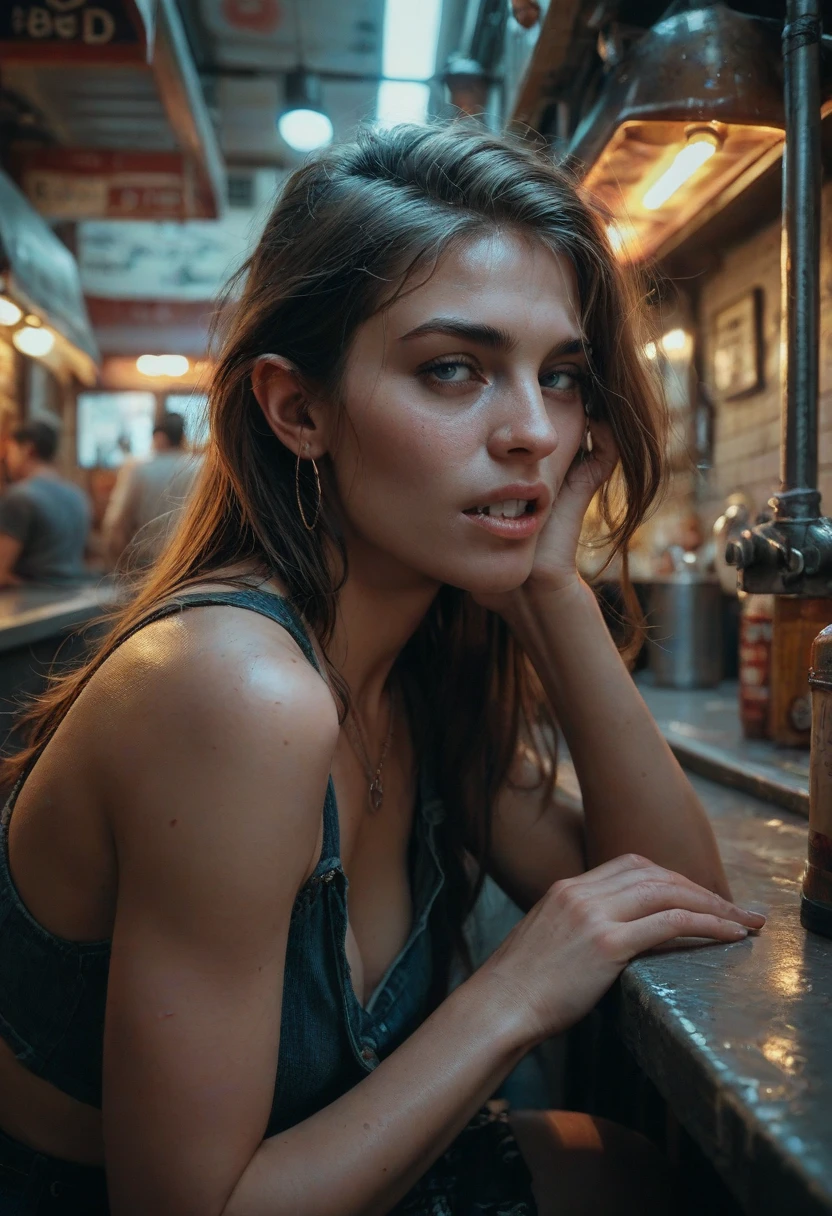 Portrait of Abigail: a stunning woman with an updo, sitting at the bar in a nightclub. This masterpiece is of the best quality, ultra-detailed, and perfect for an 8k HDR wallpaper. Featuring cinematic lighting with sharp focus and intricate details.