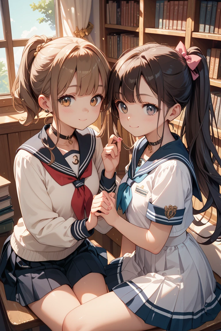 (highest quality, 4k, 8k, High resolution, masterpiece:1.2), Super detailed, (real, photorealistic:1.37), (Theme park scenery), two women, (Super detailedな顔, lip details, detailed eyes), double eyelid, (17 years old, sailor suit, blue pleated skirt, mini skirt), Photographed in front of the castle, ((smile, Low angle shooting:1.2)), night time, Large fireworks, professional lighting, photon mapping, Physically based rendering, shiny skin, (perfect fingers, five fingers, anatomically correct), background bokeh, 135㎜, f/2.8, photo shoot,