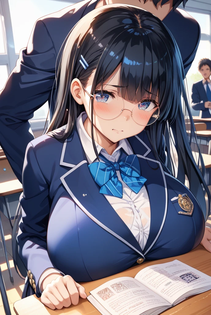 high school girl、Dressed in high 、School classroom、(Big Breasts)、Grinning face、((独奏))、smirk