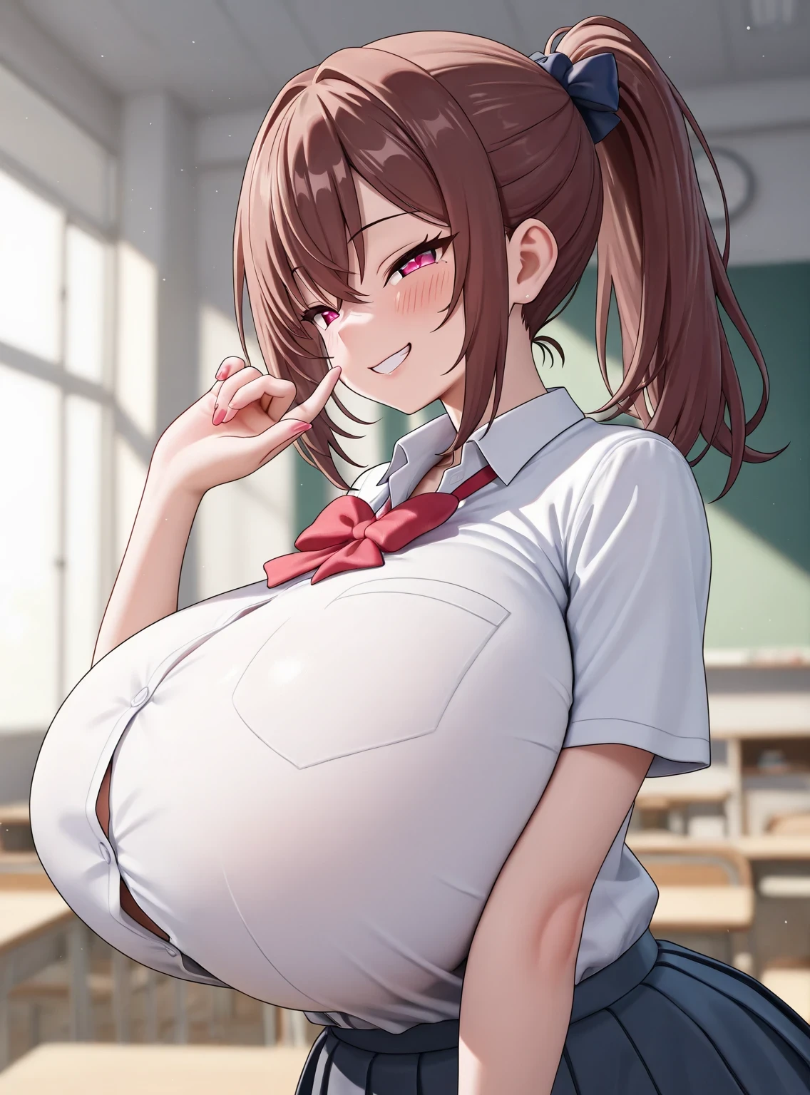 ((Table t○p, Highest quality, High Resolution、Anime Screen Capture、Pixel Perfect, 8K)))、Perfect Anat○my、((((Muscular))))、(((Huge breasts、Wide Hips、Wide thighs)))、(Skirt Lift)、((White Panties、White Sleeveless Shirt、Blue Mini Skirt))、((vapor、Sweat)), vap○r,(Green Eyes)、((Bobcut、Brown Hair、Single Braid)), ((:or))、Glasses、(Embarrassing、blush)、(Night in the city)、from the front
