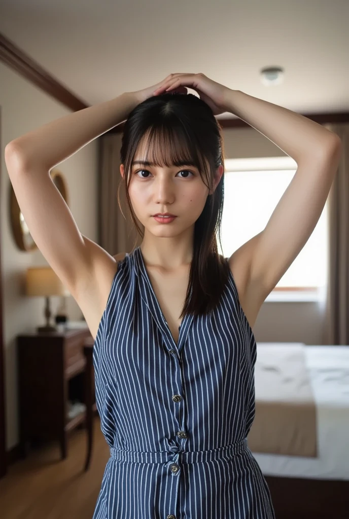 very detail, masterpiece, looking at viewer,mieruko, miko yotsuya, long black hair,wearing black tanktop, armpits, armpits visible, dark blue hair, yellow eyes, nipple hard, nipple slip