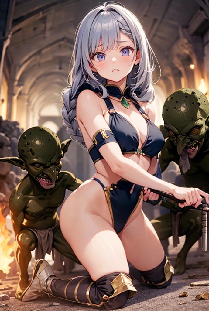masterpiece, goblinriding, a goblin is riding a girl, goblin, mutiple goblins, goblins, (all fours), 1girl, (dress:1.1), (nose hook), reins, collar, chain, rope, obey, happy trance, smile, hair ornaments, large breast, huge breast, expressionless, emotionless, blank eyes, empty eyes, mind control, NIPPLE_PIERCING_JEWEL, HISUI, HISUIEFIORE, LONG HAIR, (GREEN EYES:1.5), GREEN HAIR, HAIR BETWEEN EYES, castle background, monster, horror, glowing eyes