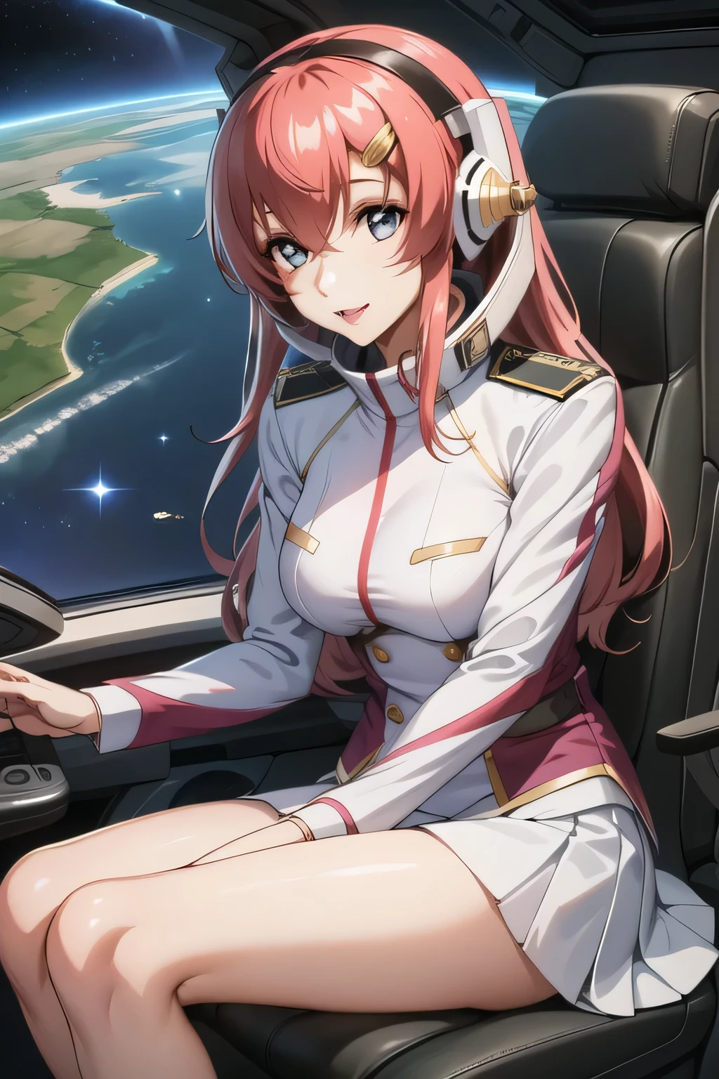 ，smile，masterpiece,     Highest Quality,     HD Images    ,  friendly １  ,     girl taking a break, alone, (Bare legs:1.1), I'm wearing dark blue panties，Knee-high boots，Military uniform, Military, Compensate,     white shirts,  white skirt,     tight skirt    ,     is sitting,     upper body,     cockpit , space,     open your mouth,