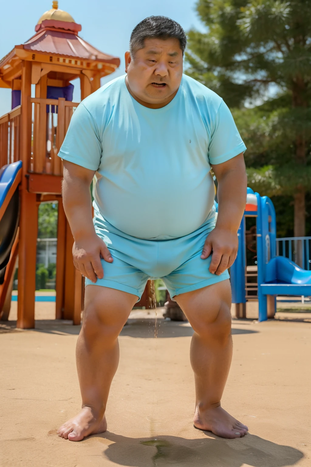 high quality,ultra detailed,best quality,Fat man,18 years old,detailed face,???????,Sweat shorts,sitting on pool side,,Sweaty,chubby,indoor, rei no pool,no human,hugging the beach ball,