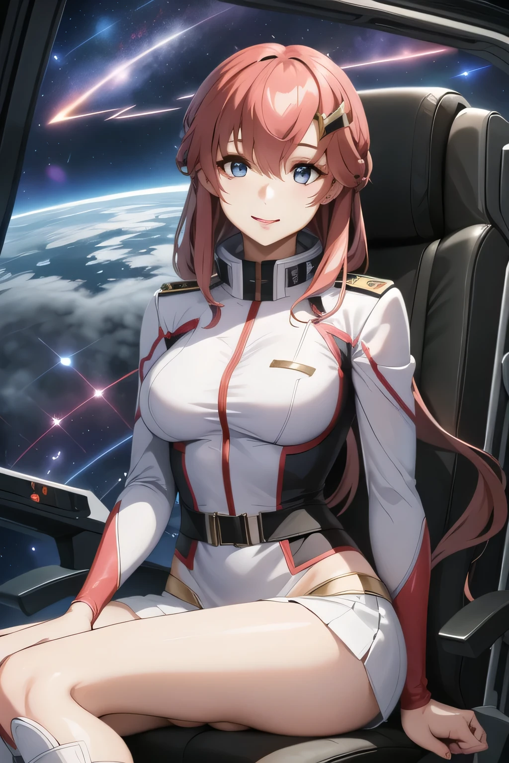 ,smile,masterpiece, Highest Quality, HD Images , friendly 1 , girl taking a break, alone, (Bare legs:1.1), I'm wearing dark blue panties,Knee-high boots,Military uniform, Military, Compensate, white shirts, white skirt, tight skirt , is sitting, upper body, cockpit , space, open your mouth,