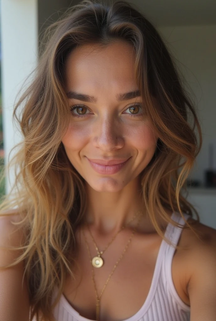 Plano Cerano une femme en sexy bikini, cheveux longs ondulés, yeux ambrés brillants, yeux brillants et perçants, Beau, traits délicats, doux, fille bouclée aux cheveux bruns raides, -ultra résolution 8k ondulé du milieu vers le bas, coupe de cheveux long brun assis photo de profil en gros plan - 8k - beau et énorme seins