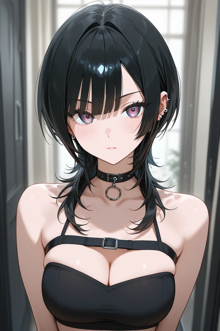 Adult, Female, long Black hair, goth girl, pink eyes gothic aesthetic, goth clothing, goth make up, thick thighs, medium chest, annoyed, disgruntled, bedroom, gothic bedroom, aesthetic bedroom, Masterpiece, Accurate, Anatomically Correct, Best Quality, High Details, Detail, Super Detailed, Best detail, Perfect detail, Amazing detail, [-3, 3], Close-Up, Looking at viewer, up close, headshot