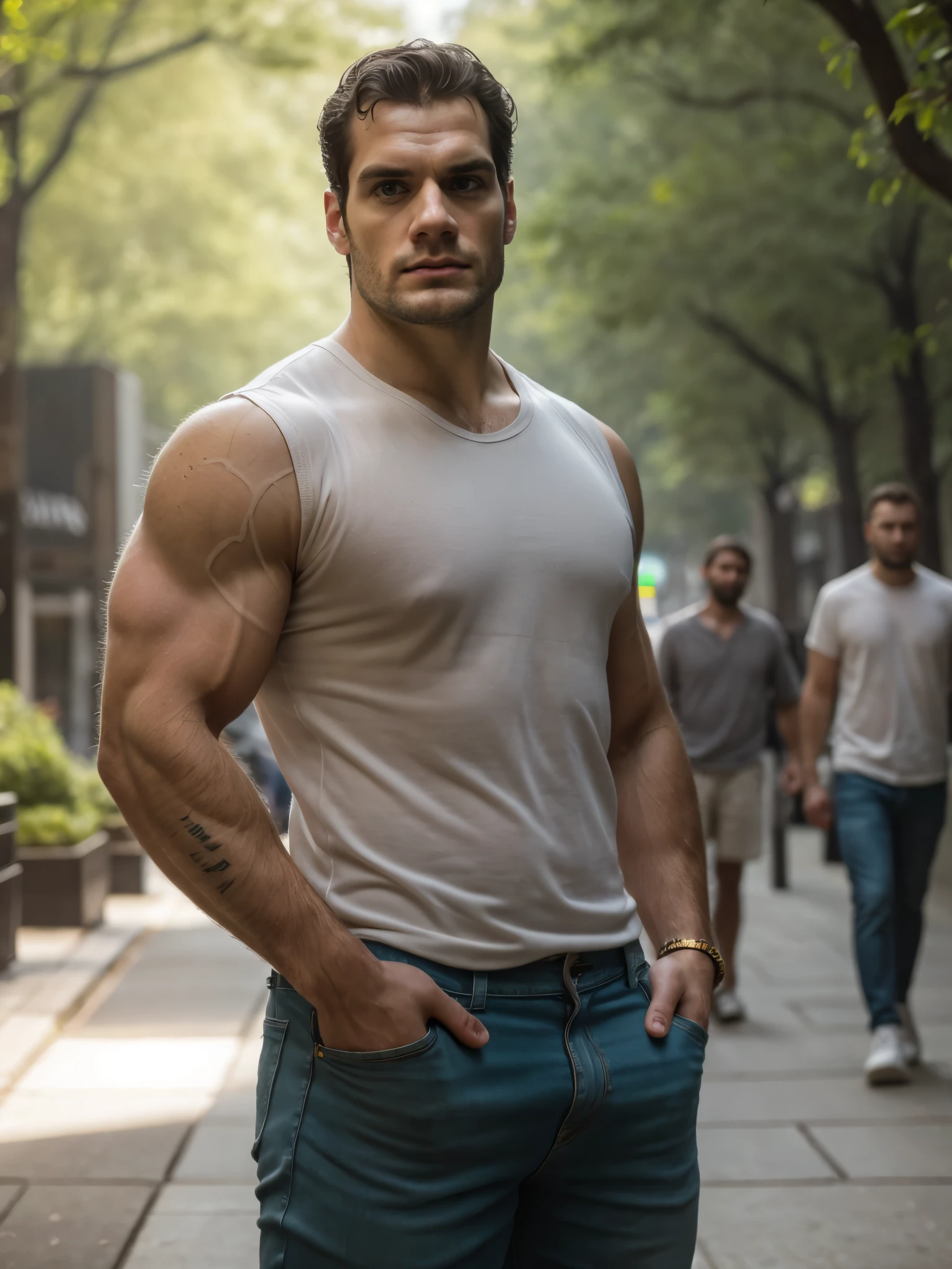 ultra high-definition image of a realistic, strong masculine man inspired by Henry Cavill as Wolverine, standing confidently on a city sidewalk with hands in pockets. He has veined, highly detailed muscles, perfect abs visible under a tight white tank top, wearing fitted blue jeans. His face is handsome and chiseled, with short, styled hair and a light stubble beard. A subtle tattoo is visible on his forearm. The lighting is soft and diffused, with natural outdoor light filtered through green trees in the background. Urban environment with casually dressed people walking behind him, softly blurred. Highly detailed style, 4K, UHD, HDR, sharp focus on details, genuine human skin texture, balanced composition, color photo.