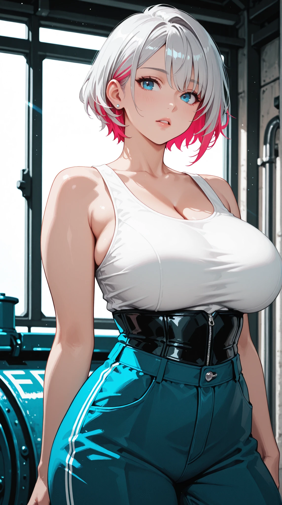 1girl, absurdres, high res, ultrasharp, 8K, masterpiece, anatomically correct, looking at viewer, human, thighs, breasts, huge breasts, t-shirt, shorts, pink hair, short hair, ponytail, pink eyes, underboob, piercing, blush, transparent