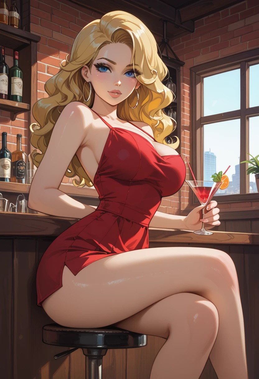 woman in cocktail bar, taken in the early 2020s, she is about 2 5 years old, bright red dress, blonde hair , 25 yo, gorgeous lady, , long blonde hair, red mini dress, necklace, cleavage, [[Kate Beckinsale]], [[[Jenna Coleman]]], [[Tricia Helfer]], low cut, deep v, 
