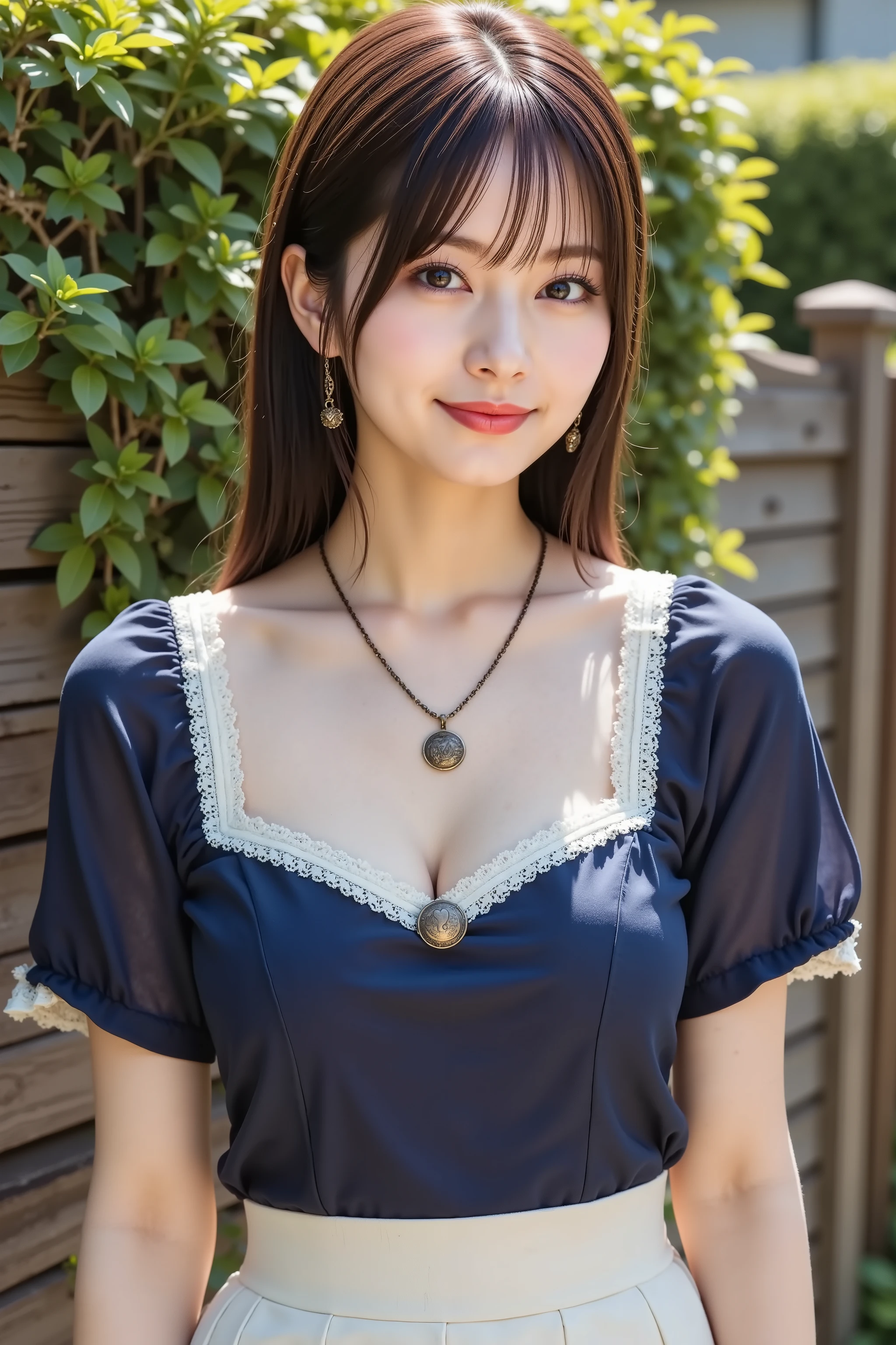 firm and big breasts, cleavage, A realistic photographic composition framed from just below the shoulder of a female subject standing outdoors before a rustic wooden fence and lush green hedge, ensuring her entire head is fully visible within the frame without cropping at the top. She wears a vintage-inspired cottagecore maid ensemble: a soft navy-blue chiffon blouse with a rounded Peter Pan collar edged in scalloped eyelash lace, the snug bodice lifting and compressing her firm, full breasts into a wide, dramatic cleavage line framed by underbust seam shaping and princess seams, taut tension folds radiating outward and specular highlights tracing the rounded contours just below the shoulder straps. The blouse features short flutter sleeves with matching lace trim, each softly billowing and revealing subtle chiffon translucency and fine topstitch detailing. Around her waist is tied a crisp white cotton apron with a wide waistband and bow at the back, the bib portion stretching across her bust to reinforce the emphasized cleavage, secured by narrow shoulder straps, and the lower skirt of the apron extending beneath the frame’s edge. She wears a simple antique brass locket necklace resting at the base of her throat, the pendant sitting just above the cleavage line and the chain’s patina and fine links rendered crisply. Beneath, a high-waisted pale linen skirt with knife pleats flares outward from her narrow waist, each pressed pleat catching soft natural light and showing linen fiber texture; the hem falls just below mid-thigh to reveal the top of lace-trimmed stockings. Behind her, the background reveals weathered horizontal oak planks with visible knots and grain patterns, and a dense boxwood hedge with sun-dappled leaves. Midday sunlight filters through overhead tree canopy, casting soft leaf-shaped shadows on fence and ground. The scene is captured at eye level using an 85 mm equivalent prime lens at f/2.2 on a full-frame sensor, producing a shallow depth of field