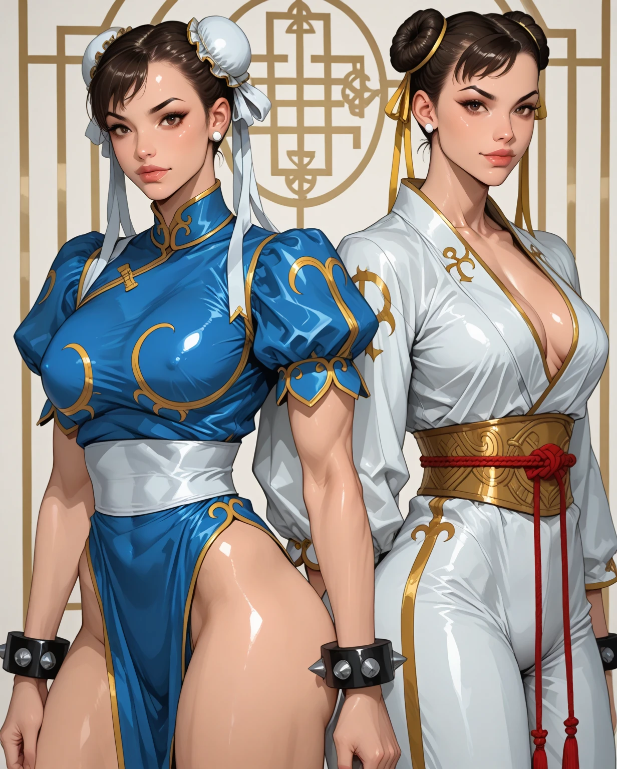 (masterpiece, best quality:1.2), ((muscular:1.2)),Masterpiece, best, 1 female, blue clothes, blue cheongsam, full body photo, ancient Chinese style, white cloth bun bun, black hair, shoulders, big breasts, slender legs, smile, white pantyhose, pantyhose lace side, white underwear, pale pink lips, embroidered dress