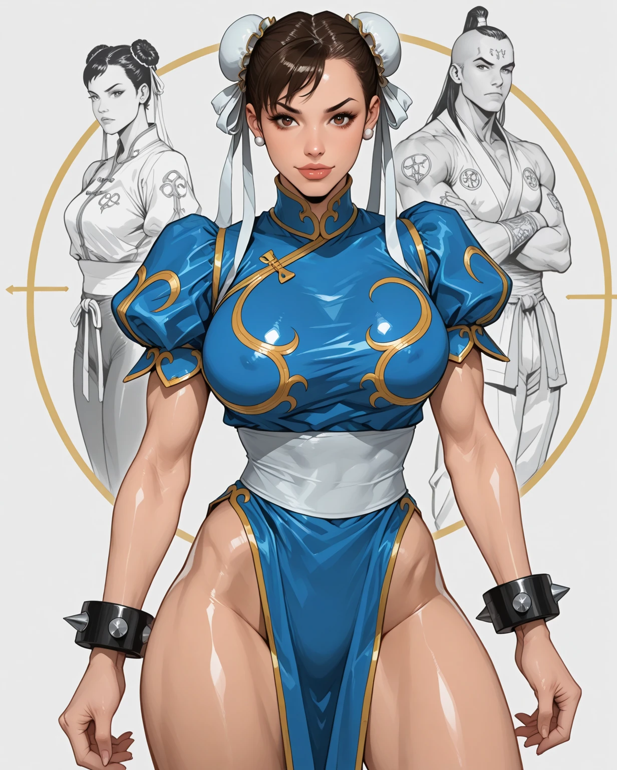  boy, short hair, slim toned body, tanned brown skin (arms and thighs). Green eyes, oval face, full lips.Sly and angry looks. Shiny, sweaty skin, skin glistening in the ambient light. Wearing a Japanese physical education costume.Shapely thighs, narrow waist, wide hips, voluminous buttocks.Average height. Slender body. Soft, smooth skin.