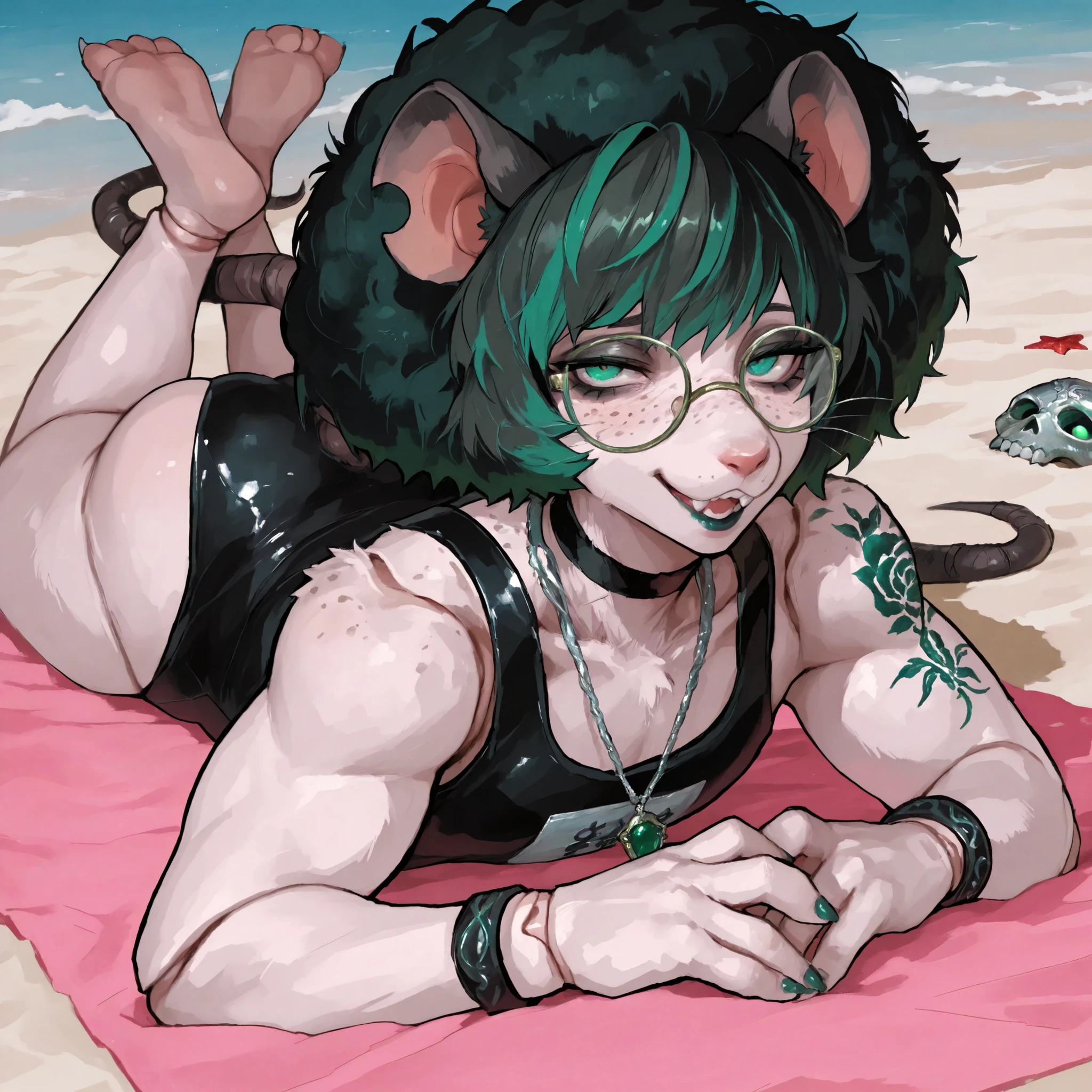 (Tall Mature Voluptuous Male furry rat), (black big curly afro with green highlights), (Green streaks in hair), (green eyes), (glowing iris), (black choker), (black leather bracelets), (Black Rose Tattoo on right shoulder), (Silver necklace with a green jade skull trinket), (fingernails), (green nail polish), (Long curvy fit legs), (freckles on face), (freckles on shoulder), (Dark Grey lipstick), (rat ears), (black ears, pink inside), (chipped right ear), (white sclera), (rat nose), (rat tail), (anatomically correct rat whiskers), (goth makeup), (plump kissable cupid lips), (half open tired eyes), (glasses), 8k quality, Persona Art Style, perfect detailed face, Fit upper body, Fit muscular arms, detailed muscles, Tomboy muscle build, detailed eyes, perfect detailed hands, accurate detailed doll joints, detailed thigh doll joints, detailed doll joints, detailed doll neck joint, detailed lips, 80's comics, cute, 80'sアニメーション、score_9, score_8_up, score_7_up, (One) elegant, full body photo, Laying on the beach, Laying on stomach, Feet up in the air, Full body view, Oil Painting style, cute rat-like facial features, anthropomorphic, anthropomorphic face, Seductive Expression, sharp rat claws, fierce eyes, legs crossed, full furry anthro, mature feminine body type, cream colored fur on body, Beach background, fur covered skin, black rat ears pink inside, Plush thick thighs, Extremely detailed, (rat buck teeth), (rat teeth), (Flat chested), realistically detailed, facing viewer, long rat snout and muzzle, four fingers on both hands, rat hands, plump thick butt, Goth swimsuit, bulge, Sensual, Hands at her sides