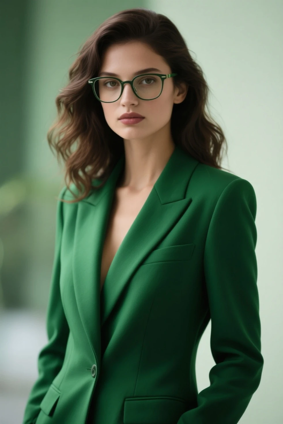 Half aged woman, with brown hair tied in a tight bun, wearing golden glasses, wearing elegant emerald witch outfit, with witch hat, with a stern face.