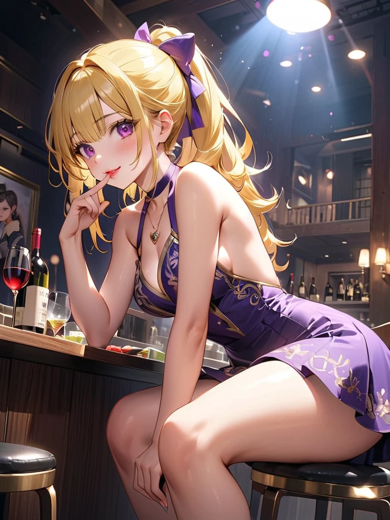 an adult woman, blonde with two pigtails with a purple bow each, purple dress with sparkles and diamonds, short and gala, with an opening in its pirrna, she has blue eyes, is at a late night dinner in a wealthy place