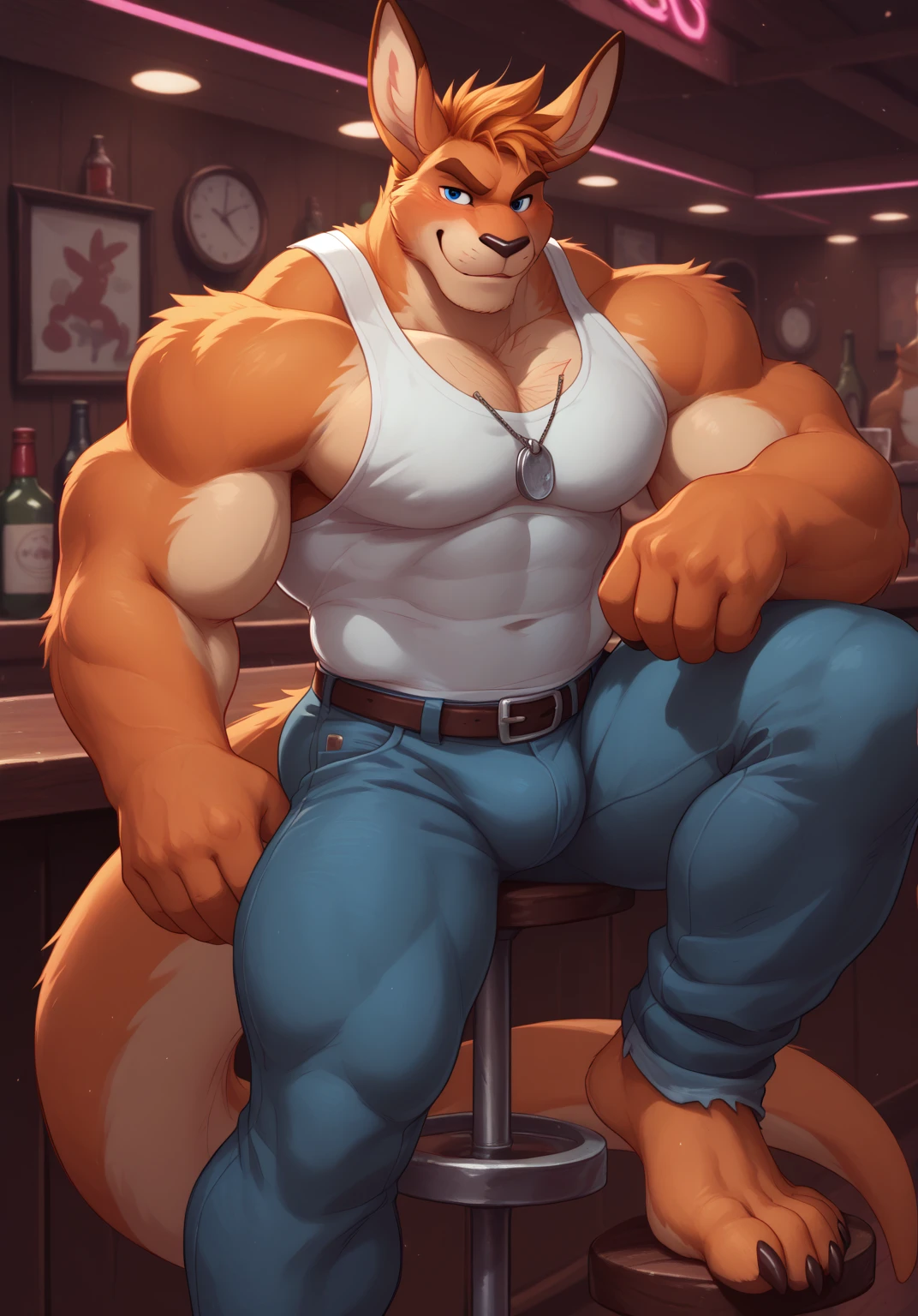solo, male focus, lloydip, lion, blue eyes, blue nose, blue tongue, mane, vest, shirt, bow, sitting on chair, looking at viewer, smile, open mouth, teeth, detailed bar background, sunlight, masterpiece, intricate, ((detailed face, detailed eyes)), by zackarry911, erection, thick cock, 4k, hi res, best quality, masculine,
