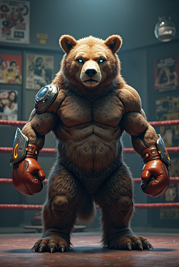 A brown bear wearing baggy pants and no shirt with a wrestling belt on that says TSR , super muscular , with a computer keyboard and a blank screen in front. He&#39;s rapping and standing but he&#39;s rapping to the inert monitor, that the screen is seen from the side