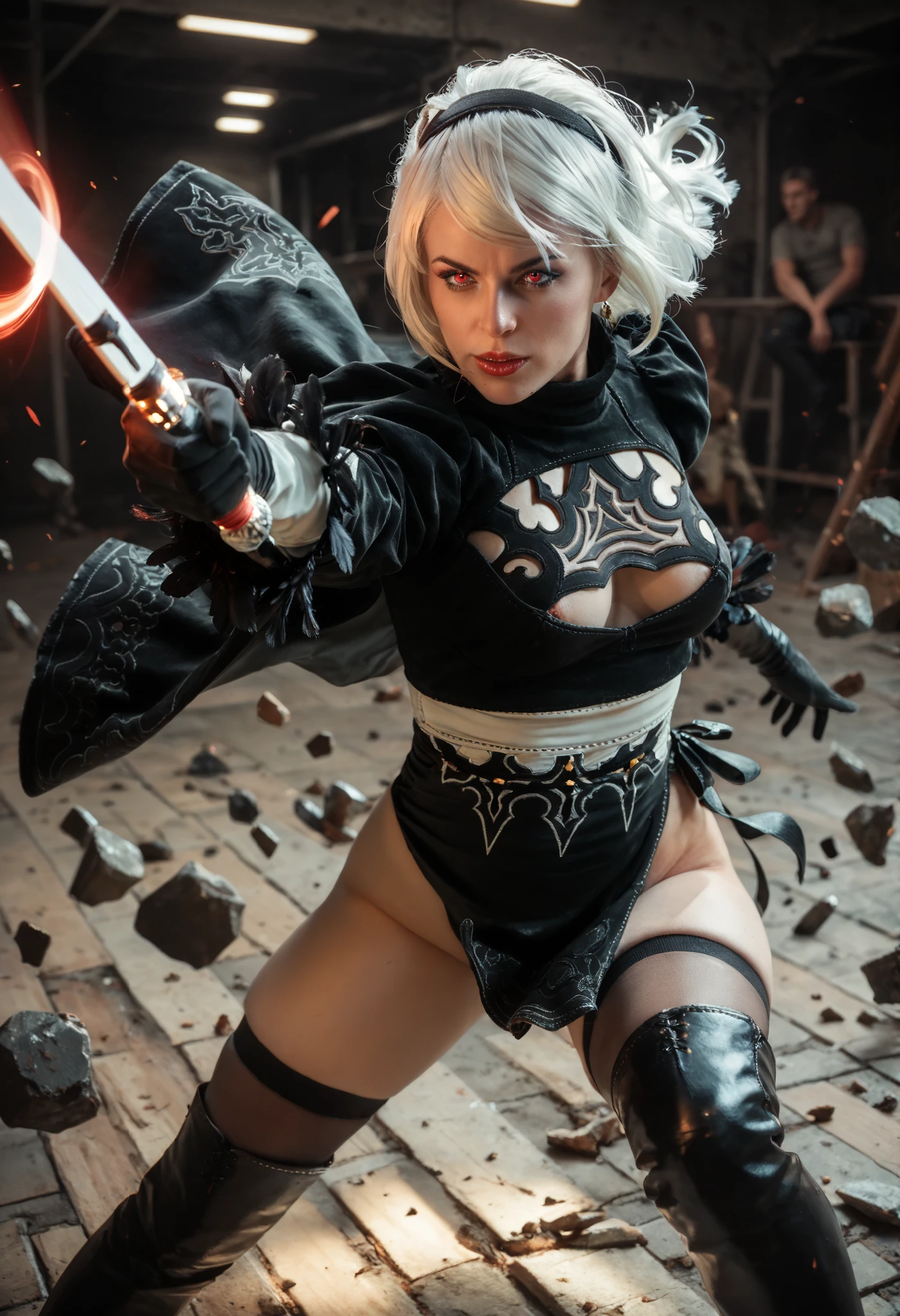 nier2Bdef, wearing a black cape, Blinford, decote, holding a red light sabre with both hands, , dynamic posture, very detailed, ready for the fight, Capsule 042 floating behind her