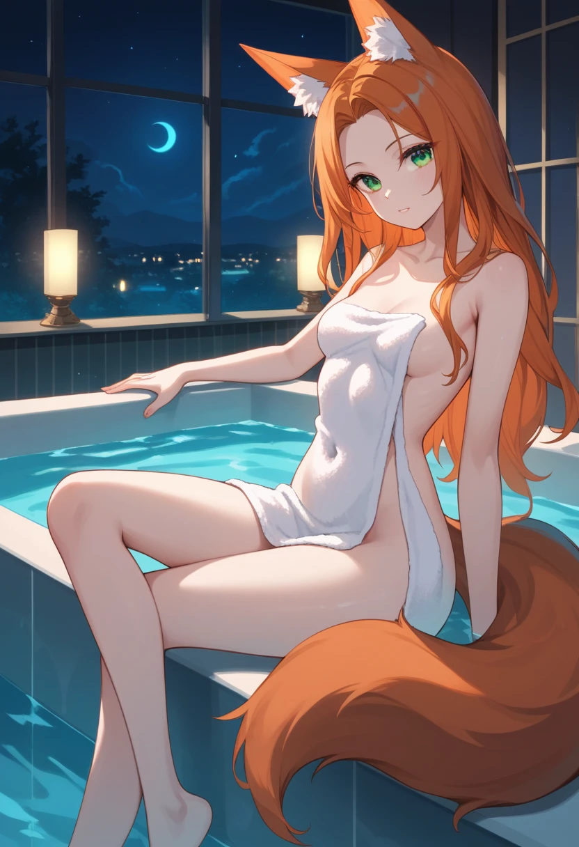 1girl, souryuu asuka langley, neon genesis evangelion
\\\\\ masterpiece, best quality, newest ///// nyantcha, cutesexyrobutts , khyle, \\\\\ thin waist, solo, cropped legs,, dutch angle, naked towel,dark blue eyes, transperent, see-through. sky, space, outside border, greenery, stars,  onsen, looking at viewer, sit