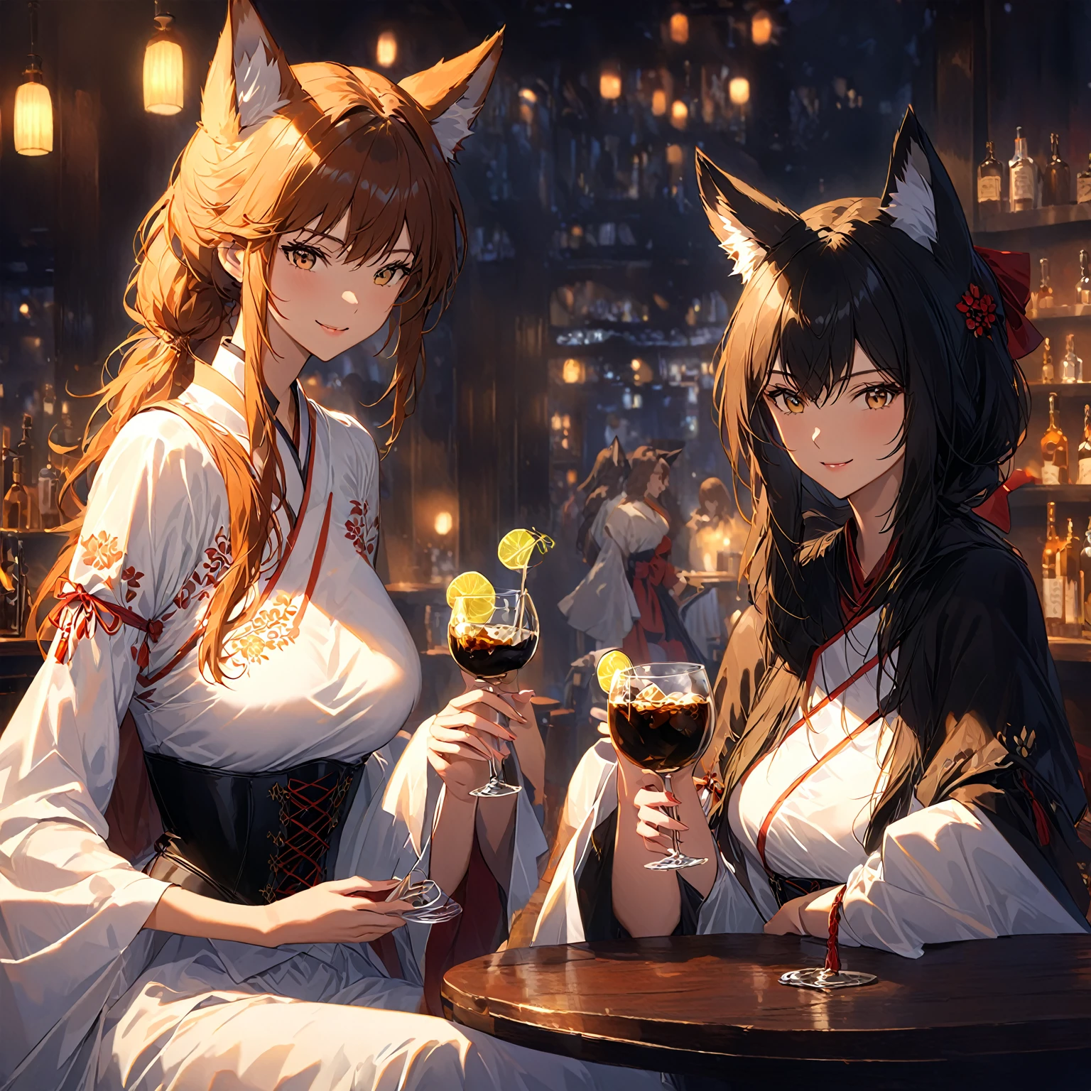 One mature neko, tanned skin, black bob hair, cat ear, black eyes, open mouth, licking, night, white sexy japanese kimono. (sitting on boat) (better quality)