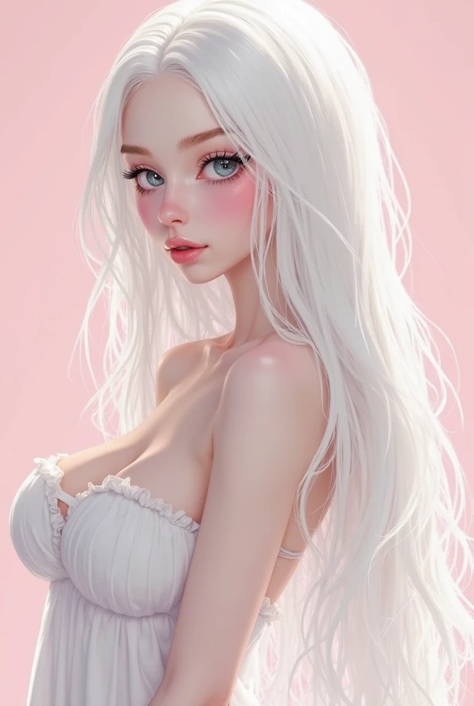 crystal clear big blue eyes、Super long platinum blonde hair、Bangs between the eyes、Smooth ultra silky straight hair、Pink school uniform、shiny young white beautiful skin、Sexy and very beautiful good looks、Beautiful and cute face、very beautiful 1、Large breasts