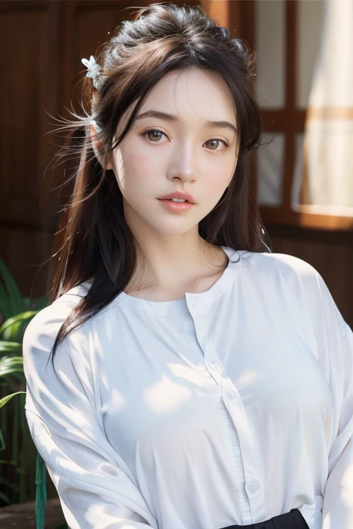 (best quality,8k,highres,masterpiece:1.2), (portrait photograph:1.5), (head close-up), (original photo), real photograph, digital photography, (girls in the workplace), (female president), 20-year-old girl, random hair style, by bangs, (green-eyed), serious and obsessed with breasts, accessories, keep one's mouth shut, elegant and charming, serious and arrogant, calm and handsome, (women's professional attire), photo pose, realistic style, gray world background, oc render reflection texture