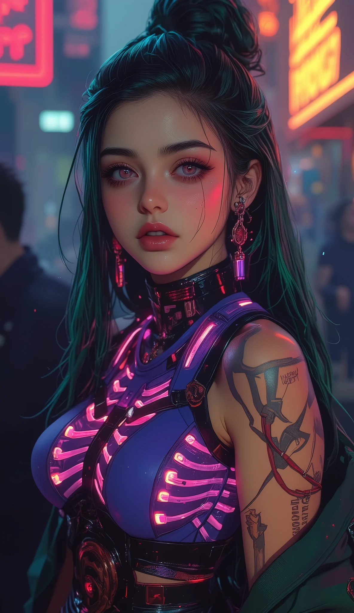 ((ZPdXl3)), ( score _9), ( score _8_up, score _7_up), girl, L0LSPLH, 2024, 2023, Western Studio , sixmorevodka , G0thicPxl,Real movie style, Highly detailed digital illustration , narrates a stunning cyberpunk female's ribs and lock bone neon lights ,Luminescent Cyber Eyes, skin is porcelain-like skin , Slim and muscular ,and ferocious , confident electronics[[Xpression 。 Her long GREEN hair tied to a tall messy bun, with loose straps forming her face 。 [[X} She wears a PURPLE tank top , EXhibit There is a contestable aesthetic , showing a Intricate Biomechanical Tattoo , similar to a circuit , neon cord 。In her , She wears an embedded LED light strip , bare wire and a GREEN coat with a reinforced coating , issuing a high-tech , 。 a bulky robot, close up, leaning against the wall