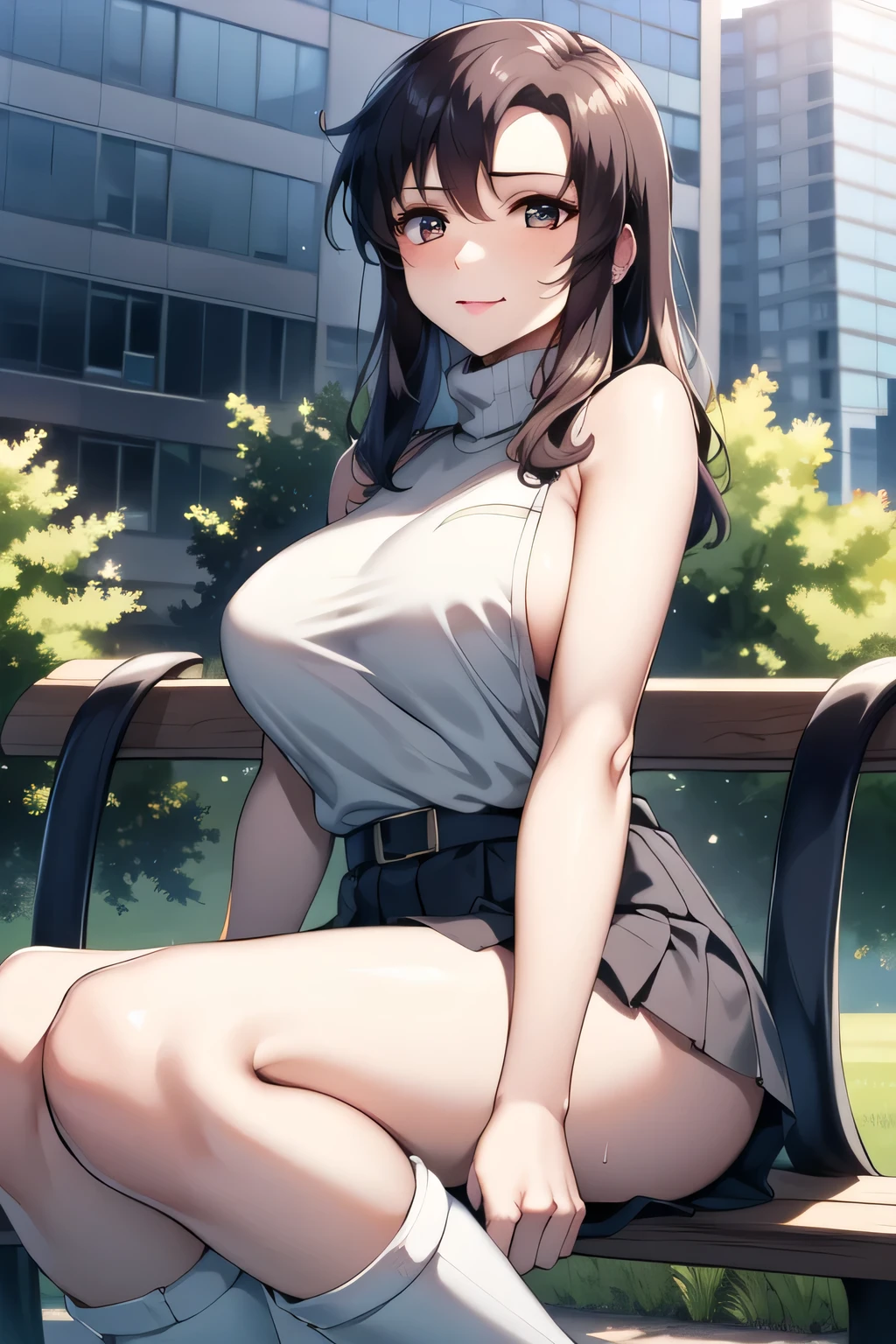 showing through her skin when wet,smile,Please draw a picture of him resting on a park bench,is sitting,Panchira,Draw white knee-high boots on both legs,Let's draw a short pleated mini skirt,Big BreastsをさらにBig Breastsに描いて下さい,{{X}},draw her eXpression more delicately,walking alone, city tour ,,(((She's dressed in a casual tourist style))), I have a SLR camera ,(Let's draw a more delicate look),(sleeveless wool sweater),( Navy Blue Pleated Mini Skirt,white panties),(That work is enough for one person {X} is very important for work)、 That's enough,frown。unless the job requires it。 {X}、 , An attractive 40-year-old adult woman jumping out of her uniform, Big black wavy hair, , Big Breasts, Thin Waist , , ,