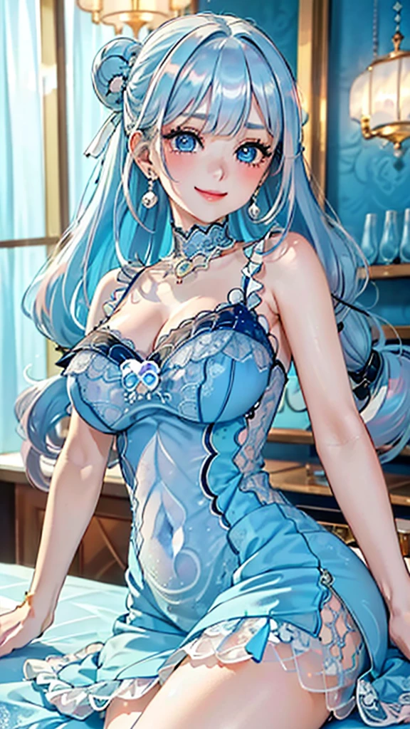 (Enrich the picture,Masterpiece level quality)Beautiful 8K CG artwork,Goddess-like posture,sittinng on the river,Postural exercises,Slim and soft,Translucent skin,Blue hair、The beauty of extra-long hair, Super Long Straight Hair,The skin is fair and juicy,Big breasts underwear uniform,Perspective Part 1.2x enhanced silhouette effect,Exquisite transparent blues pattern in pajamas,The details are intricate and exquisite,The background is slightly blurred,Charming and lustful leg seduction,Drool,K cup big breasts,Blush,Japan goddess,Perfect body slim curves,Scene by the sea,