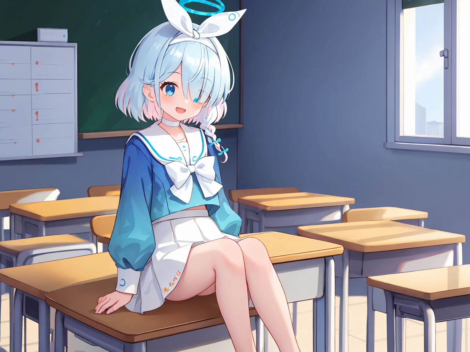 ((masterpiece))((Highest quality))girl、smile、blush、Flat Chest、Are thin、Blonde Hair、blush、Are standing、Whole body image、Eye level to the feet、front、No background、真frontのアングル、Blue clothes、White Hair、Twin tails